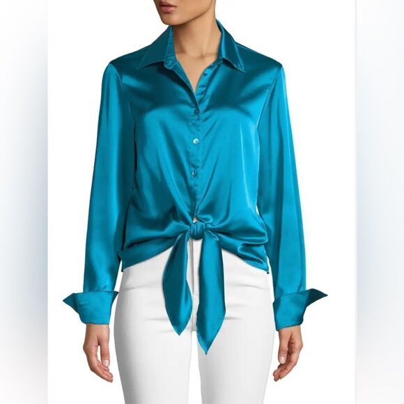 Finley Lindy Button-Front Long-Sleeve Satin Blouse w/ Tie-Front Blouse Medium - Picture 1 of 13